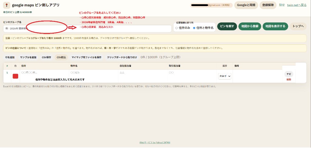 ピンのグループ名の入力欄